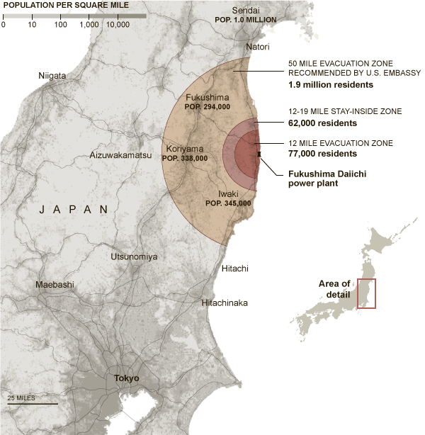 Map of area near Fukushima Daiichi nuclear power plant after March 11 earthquake in Japan