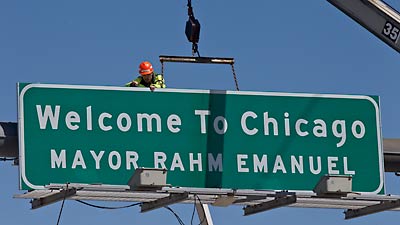 Road sign that gives free publicity to Chicago Mayor Rahm Emanuel